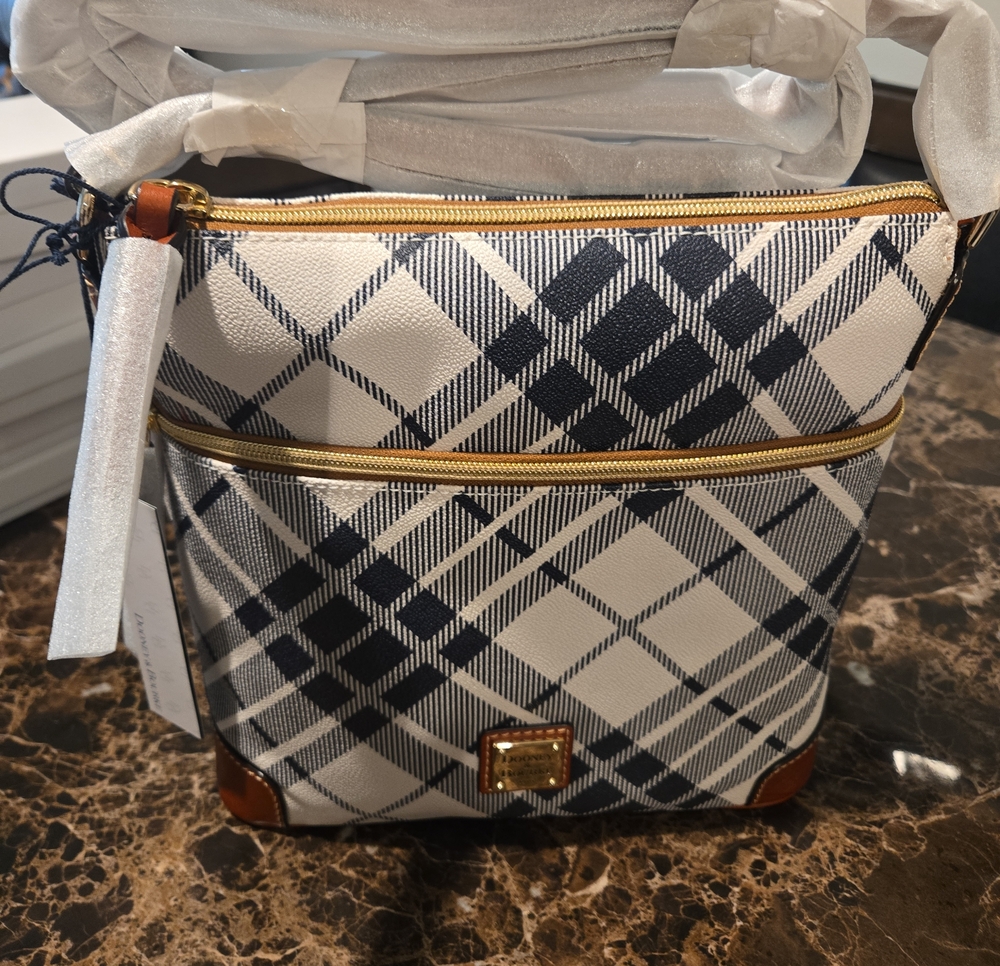 Dooney & Bourke Navy and White Plaid Crossbody with Brown Trim